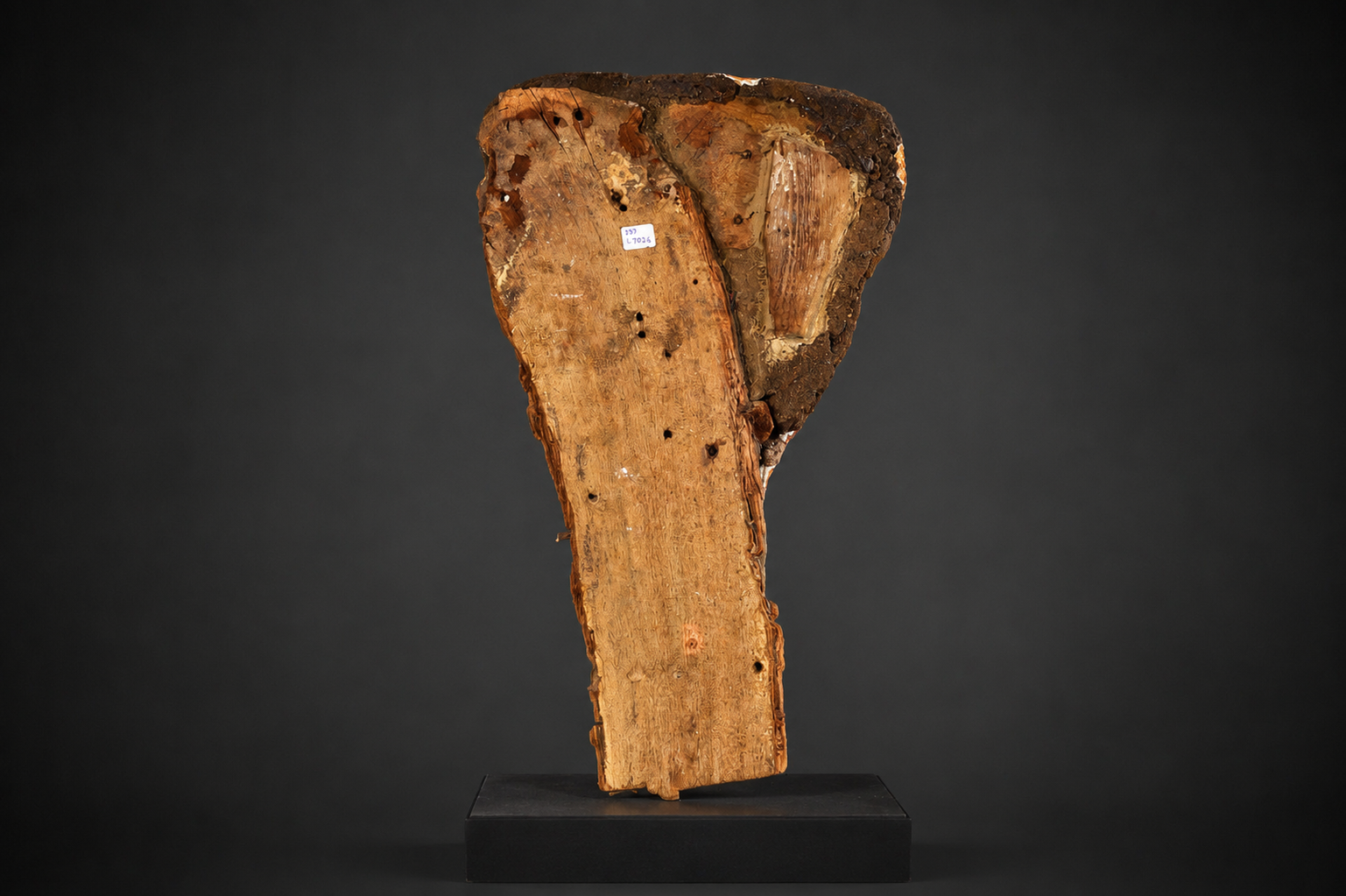 Máscara de sarcófago egipcia de madera, Baja Época, vista principal – Galería F. Cervera