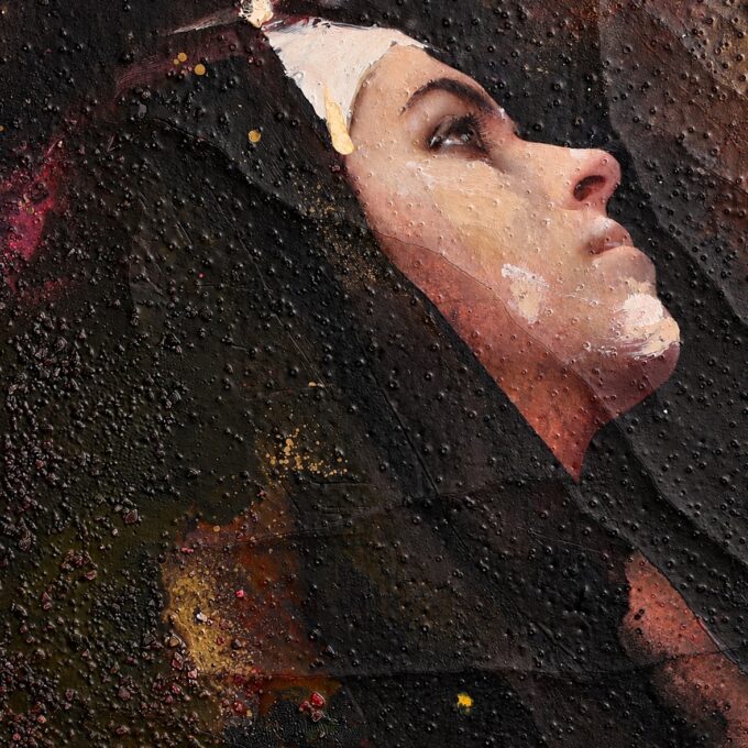 Lita Cabellut retrato de mujer, detalle del rostro y del craquelado - Galería F. Cervera - EU-375 - vista 2